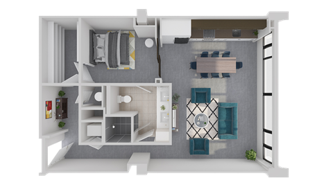 Floor plan for 1 bed, 1 bath, 879 sqft